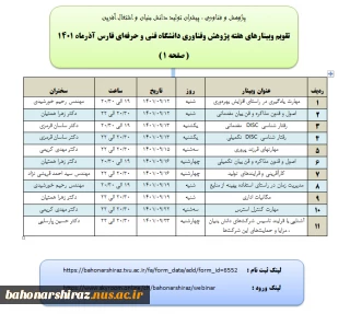 تقویم وبینارهای هفته پژوهش و فناوری دانشگاه فنی و حرفه‌ای فارس